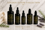 Load image into Gallery viewer,  Vinnetta x Sadie Golden Elixir Collection — full lineup of luxury facial oil dropper bottles and contour rollers with squalane, argan, and rosehip
